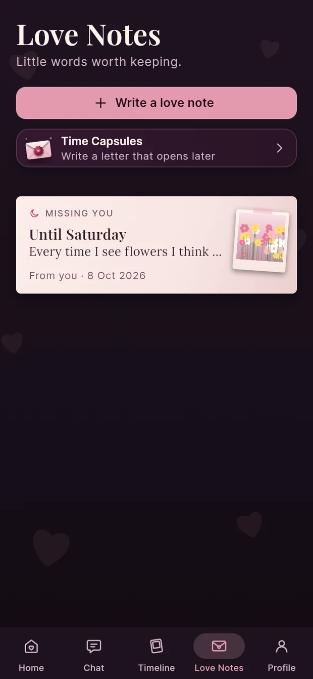 A Love Note in the USpace app, using fictional sample content