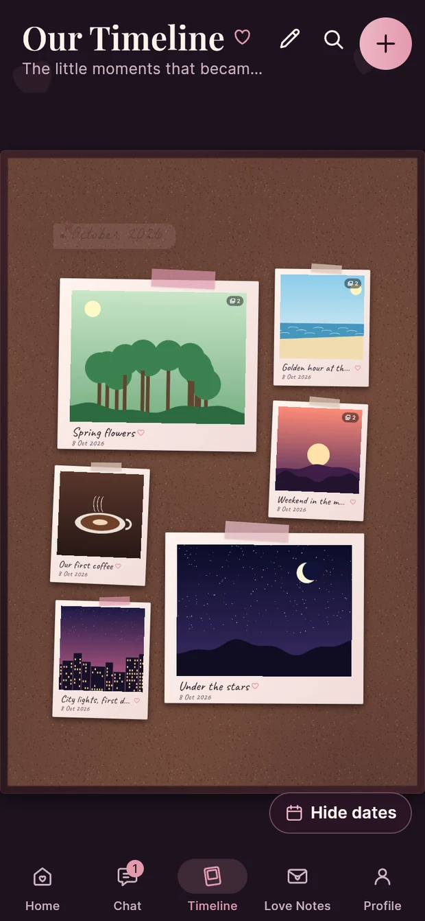 USpace Timeline with sample memories arranged as Polaroids on a corkboard